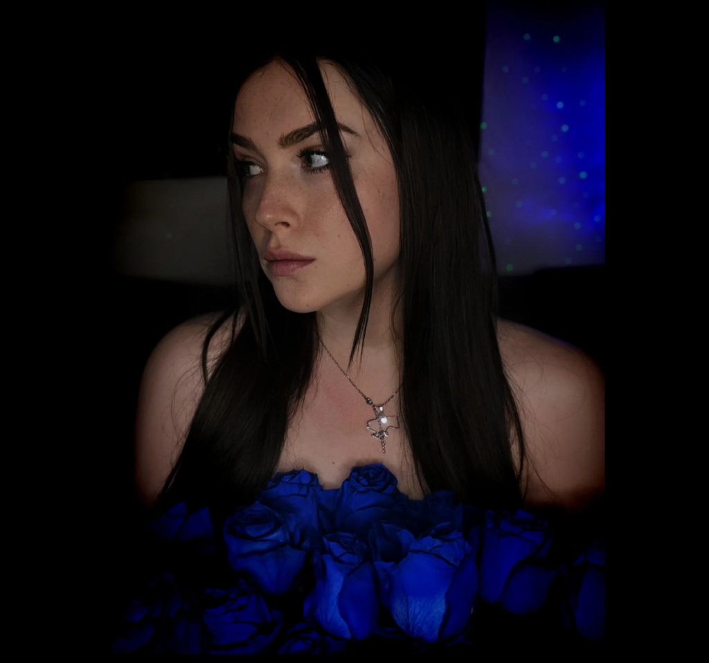 Beautiful Polish VR cam girl in blue dress.